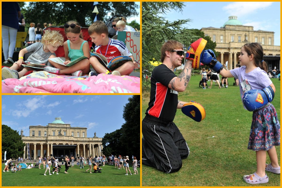 Collage of children reading, playing and enjoying sports activities at Pittville Park.